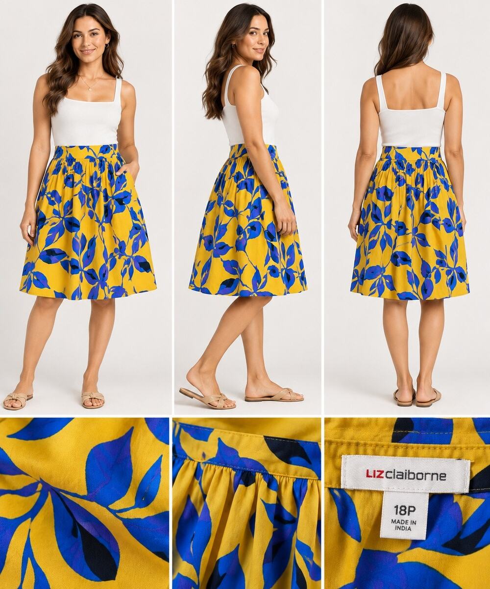 Liz Claiborne Yellow & Blue Floral A-Line Skirt 18 Petite